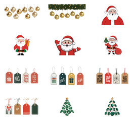 png set of icons depicting Christmas elements, including Santa Claus, ornaments, gifts, and festive tree decorations.