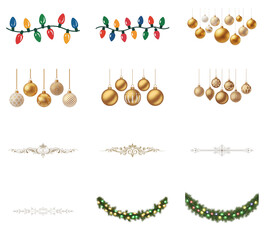 png set of icons depicting festive holiday decorations including lights, ornaments, garlands, and embellishments.