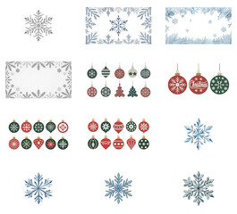 png set of icons featuring winter ornaments, snowflakes, and decorative elements in a festive, wintry theme.