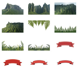 png set of icons depicting lush green landscape with cliffs, forests, foliage, and decorative red ribbons.