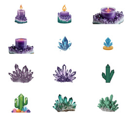 png set of icons in theme of purple candles and crystals, evoking spirituality and mystical ambiance.