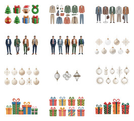 png set of icons in theme of christmas celebration with people, gifts, ornaments and festive decorations.