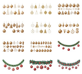 png set of icons showcasing various golden and red Christmas ornaments, garlands, and festive decorations.