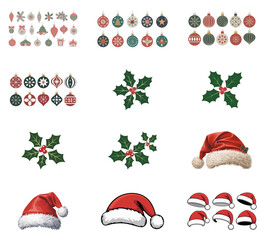png set of icons in theme of Christmas decorations, holly leaves, and Santa hats, celebrating festive holiday season.