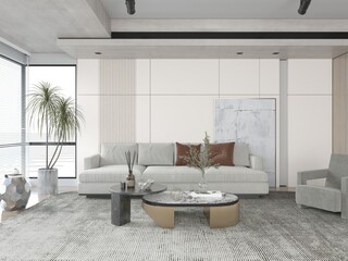 Modern, minimalist living room with a neutral palette. Features a white sofa, concrete-style walls, layered coffee tables, and a large indoor palm tree, 3D rendering.