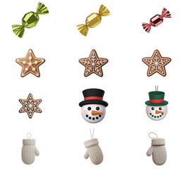 png set of icons featuring wrapped candies, gingerbread stars, snowmen, and winter holiday themed elements.