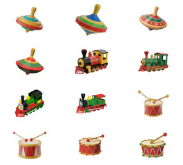png set of icons depicting colorful spinning tops, toy trains, and drums, illustrating childhood play and fun.