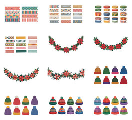 png set of icons depicting winter holiday decorations, including garlands, wreaths, and colorful knitted hats.