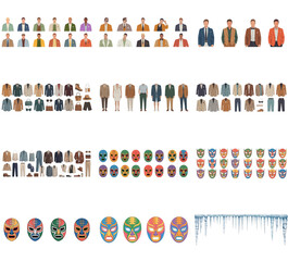 png set of icons depicting diverse individuals in suits, masks, and headwear, showcasing variety and cultural representation.