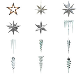 png set of icons depicting stylized stars and icicles in silver, gold, and icy blue tones.