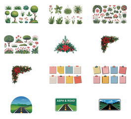 png set of icons depicting various plants, flowers, roads, and landscape elements for design purposes.