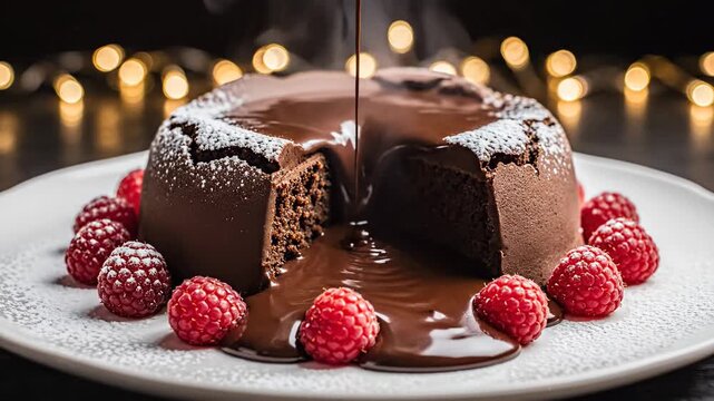 Decadent chocolate molten lava cake with fresh raspberries and drizzle of