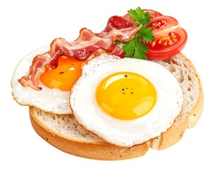 Breakfast toast fried eggs, bacon, tomatoes, parsley on bread, isolated on white