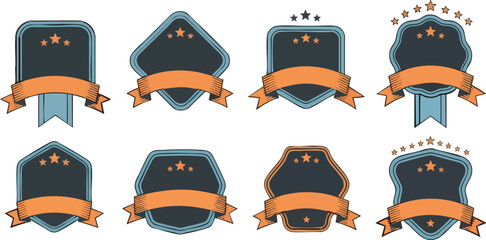Eight stunning vintage badge emblems with orange ribbons perfect for premium quality branding and certification
