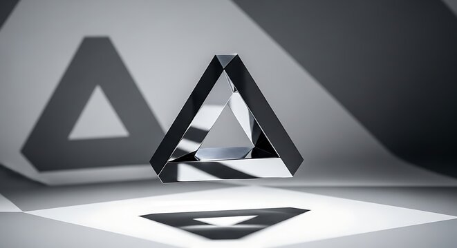 Abstract optical illusion triangle with sharp shadows on a monochrome background