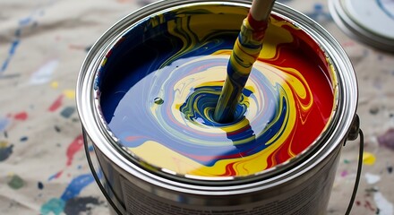 Close-up of a paint can with a brush mixing primary colors blue red and yellow creating a vibrant