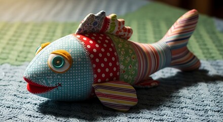 Colorful Handmade Stuffed Fish Toy Resting on a Textured Surface Detailed Close-up View
