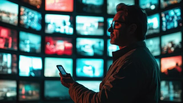 Video A person holding a cell phone in front of a large wall display showing multiple TV screens