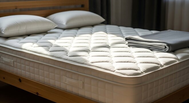 Comfortable white mattress with pillows and folded blanket on a wooden bed frame