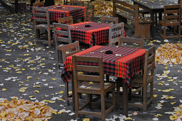Yellow autumn leaves and tables