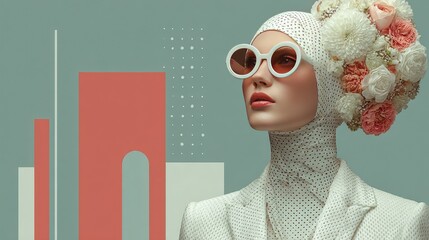 Fashion Retro Futuristic Look with Floral Headdress, Geometric Background, and Bold Sunglasses