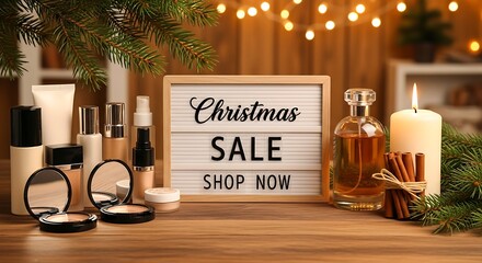Seasonal beauty and cosmetic products presented on a wooden table with a 'Christmas SALE' sign, enhanced by warm holiday lights and festive decor, perfect for winter gift promotions