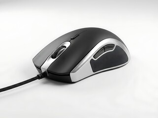 A close-up studio shot of a computer mouse with a cord on a white background, showcasing its design and functionality