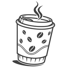 Monochrome illustration of a hot takeaway coffee cup with steam and coffee bean pattern