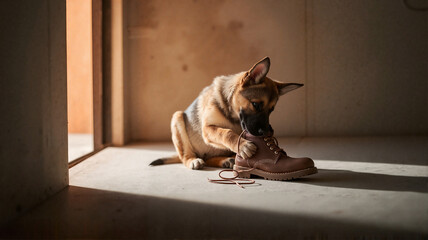 Dog chewing on brown leather boot in sunlit indoor space  