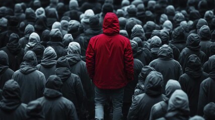 Video A person wearing a bright red jacket stands out from a crowd, easy to spot and notice