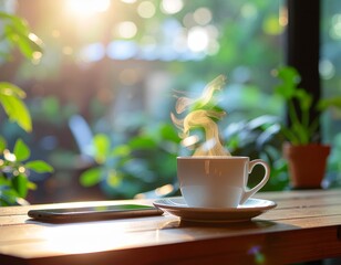 Start your day right with fresh coffee and phone on a rustic wooden table bathed in sunlight, a serene morning moment for inspiration and relaxation