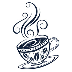 Artistic monochrome illustration of a steaming decorative coffee cup with elegant swirl elements