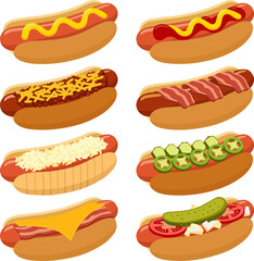 Create a kinds of deferent Hot dog with mustard and ketchup vector art with white background.