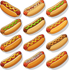 Create a kinds of deferent Hot dog with mustard and ketchup vector art with white background.