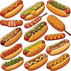 Create a kinds of deferent Hot dog with mustard and ketchup vector art with white background.