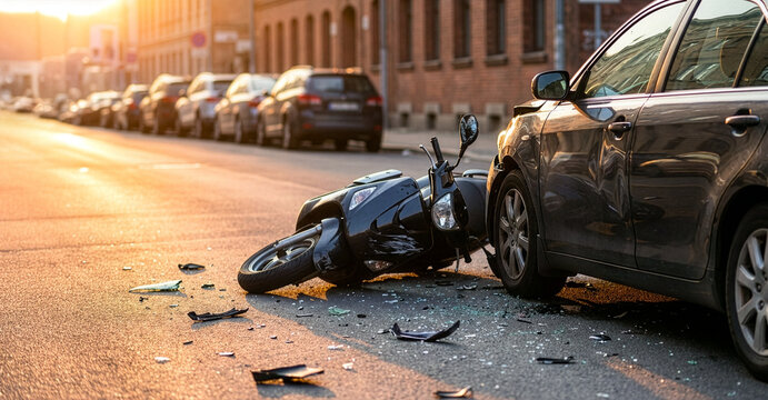 car and scooter crash on city street. accident on the road. banner with copy space
