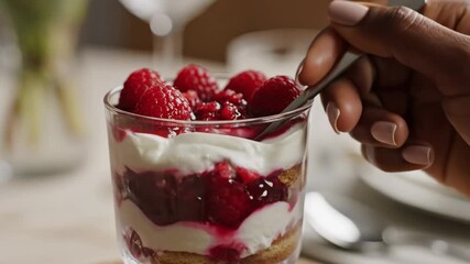 Delicious layered raspberry dessert with fresh berries and creamy topping for