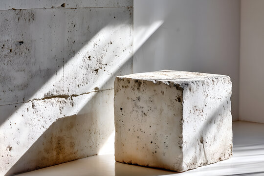Minimal brutalist product scene with a rough concrete block pedestal in strong daylight, rich stone texture and hard shadows on a neutral wall.
