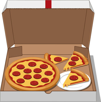 Create a kinds of deferent natural Delicious pepperoni pizza in a cardboard box vector art with white background.