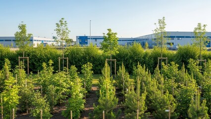 Obraz premium Industrial park with green trees and modern buildings under clear blue sky