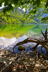 A magnificent landscape of Lake Del Predil (lago Del Predil) in Italy. Beautiful alpine lake, surrounded by Julian Alps. 
