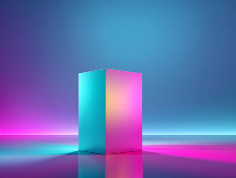 Tall neon cyan and magenta rectangular podium on a reflective floor with soft gradient background, perfect for futuristic product or tech branding.