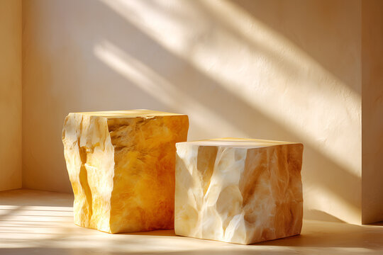 Warm golden stone cube pedestals in soft studio light, abstract product podium for luxury cosmetics, skincare or jewelry branding.