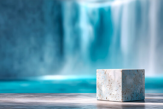 Terrazzo cube podium in front of a blue waterfall, fresh minimal scene for presenting skincare, beauty or spa products.