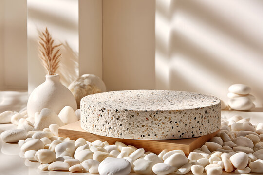 Minimal terrazzo stone podium surrounded by white pebbles and soft neutral decor, ideal background for natural cosmetics, skincare or spa products.
