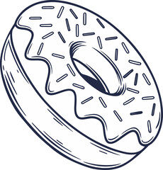 Monochrome illustration of a sprinkled donut with icing in a simple modern style