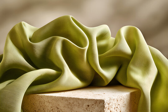 Olive green textured fabric draped over a stone podium in warm light, natural background for cosmetics, skincare, perfume or eco wellness products.