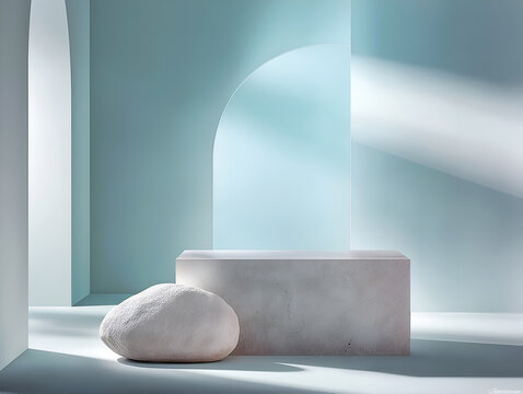 Minimal mint arch interior with concrete block podium and white stone, ideal background for elegant product mockups and branding.
