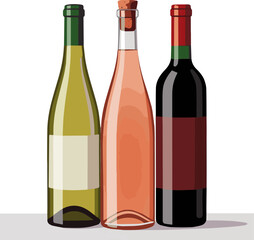 Create a kinds of deferent Three wine bottles - white, rose, and red vector art with white background.
