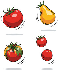  Create a kinds of deferent Tomatoes in flight vector art with white background..